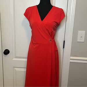 Ivanka Trump A-Line Wrap Dress Cap Sleeve Coral w/Gold Ring Women's Sz M Grommet